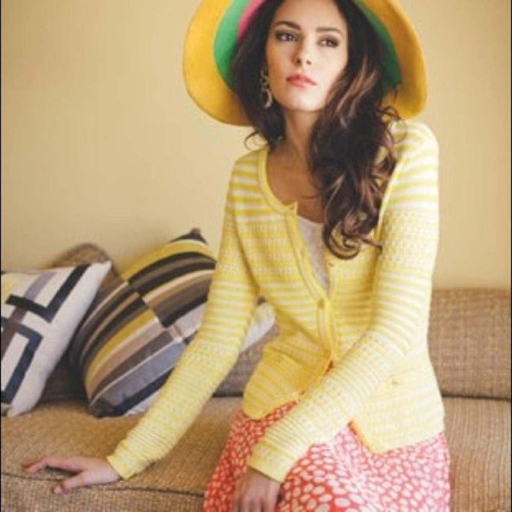 Trina Turk Knit Cardi Sweater Ashbridge Yellow & White Striped Knitted Cardigan